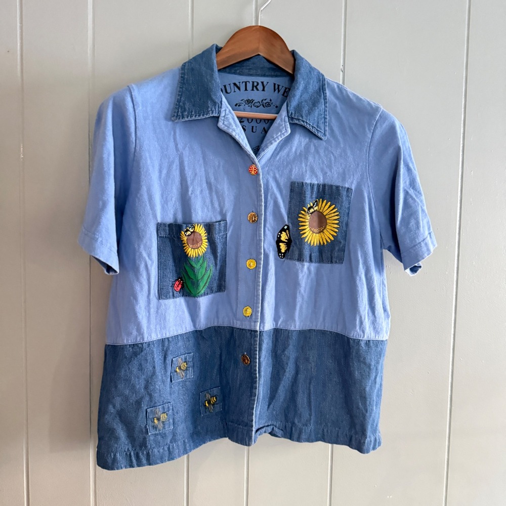 Y2K Country Sunflower Bug Denim Shirt P/M Cottagecore Garden Girl Ladybugs Bees